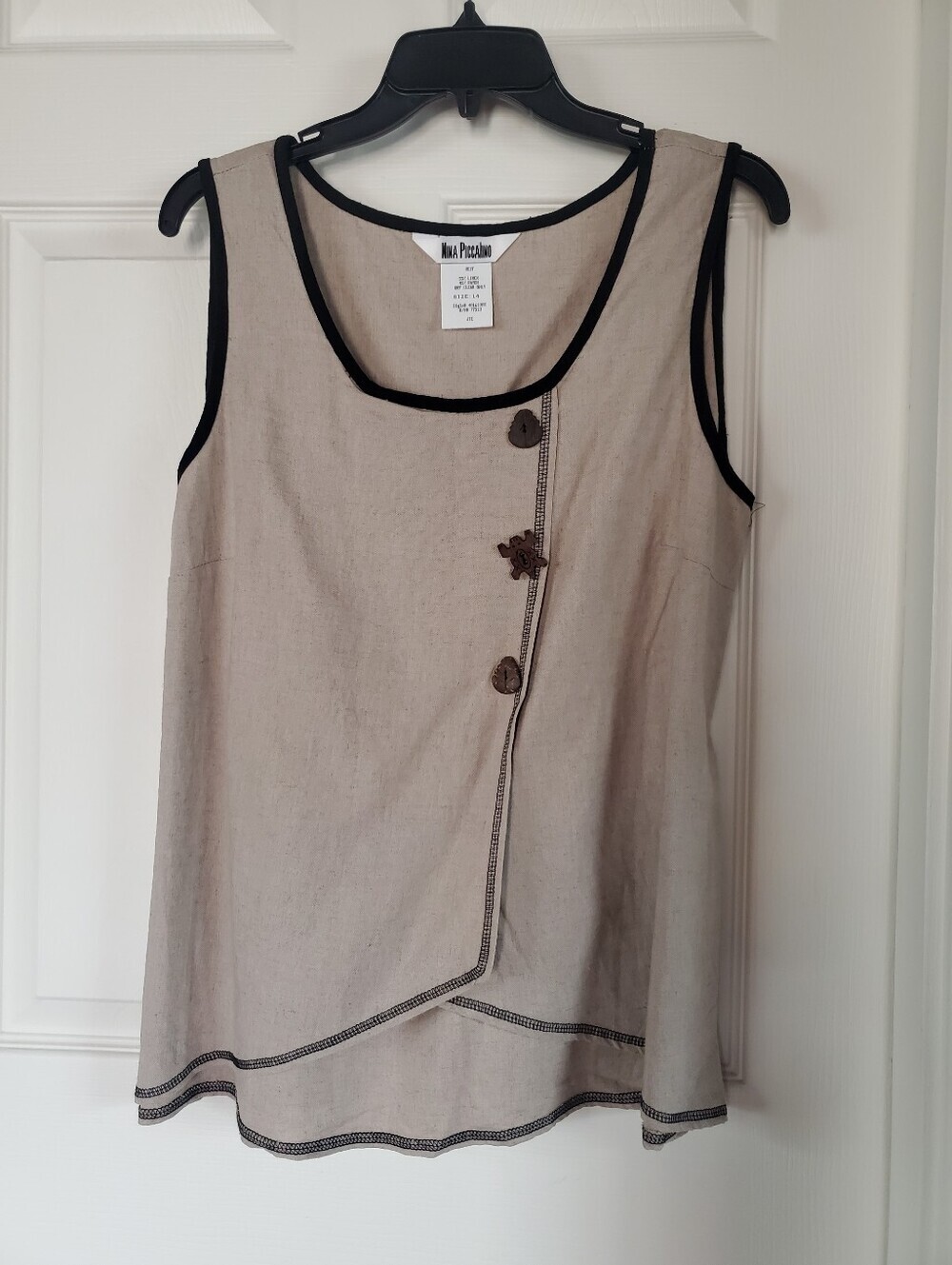 Nina Piccalino Linen Blend Sleeveless Top Wooden Buttons Back Tie Bohemian Loose